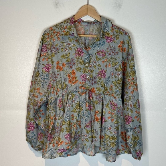 Khaadi Babydoll Long Sleeve Floral Top Size XS Buttoned Multicolor Downstring - Picture 1 of 7